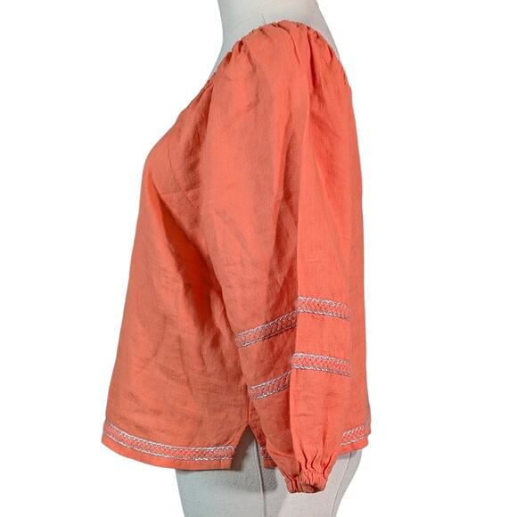 Joie Coral Linen Peasant Blouse Square Neck Silver Trim Small Boho Chic - Picture 2 of 5